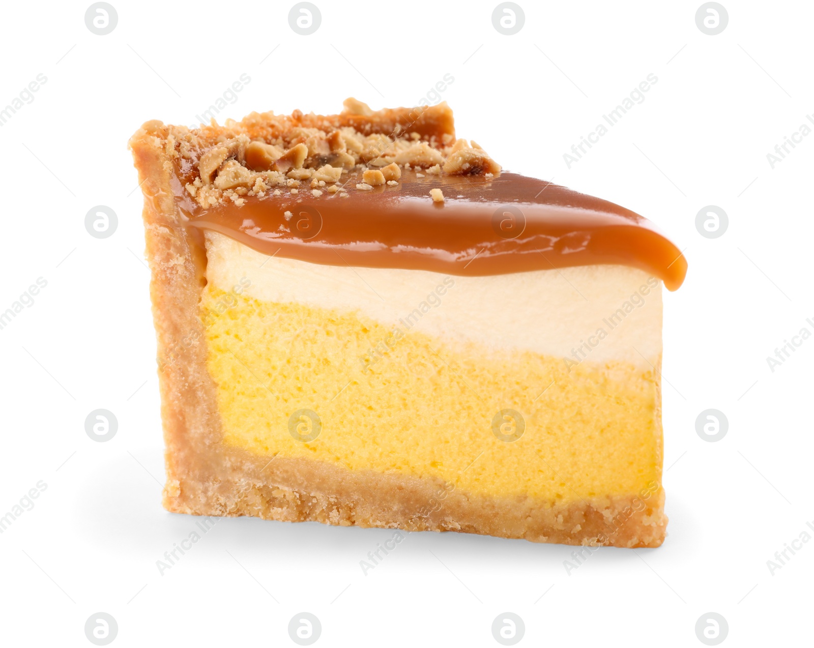 Photo of Piece of delicious cake with caramel isolated on white