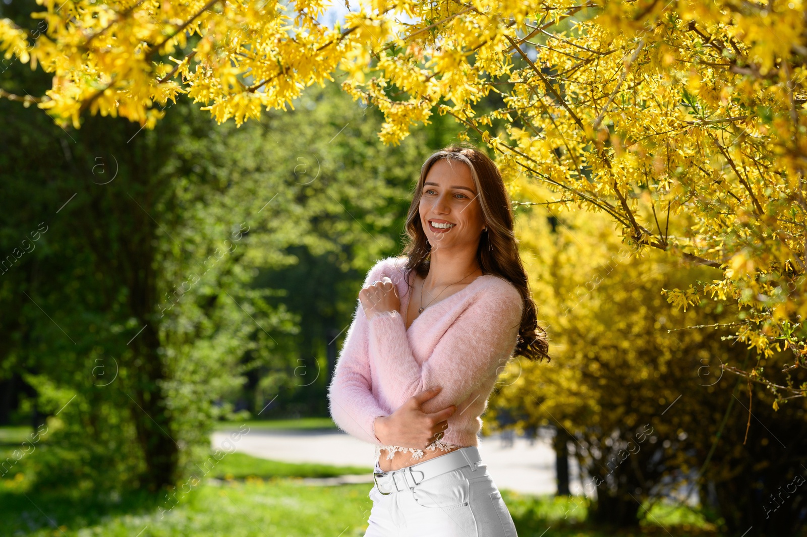 Photo of Beautiful young woman near blossoming shrub on spring day, space for text