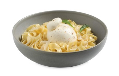 Photo of Delicious pasta with burrata cheese and basil in bowl isolated on white