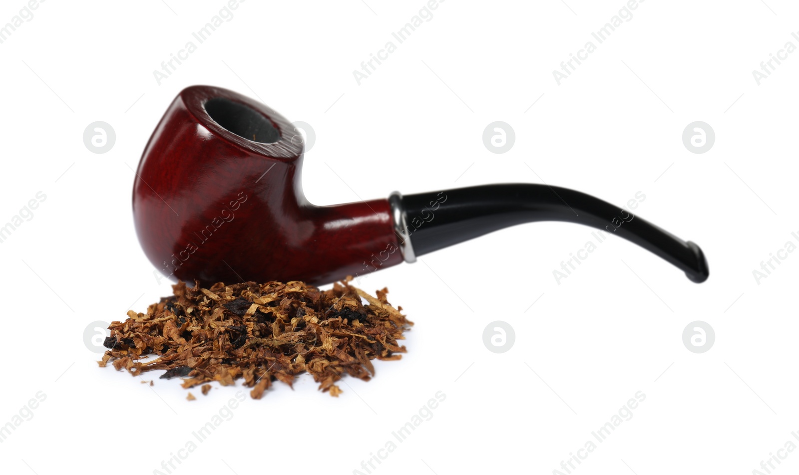 Photo of Pile of tobacco and smoking pipe on white background