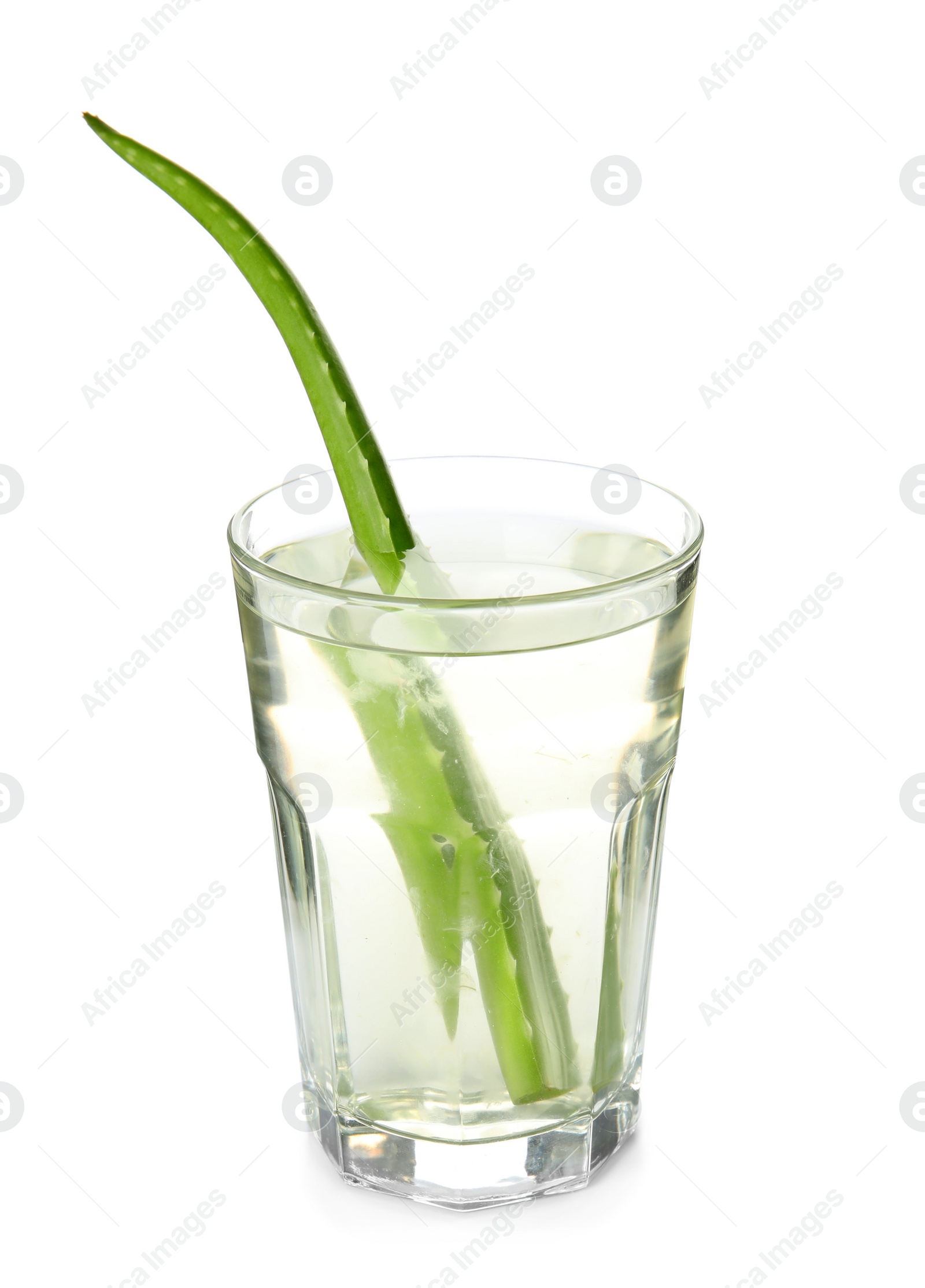 Photo of Fresh aloe drink with leaf in glass isolated on white