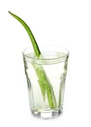 Photo of Fresh aloe drink with leaf in glass isolated on white