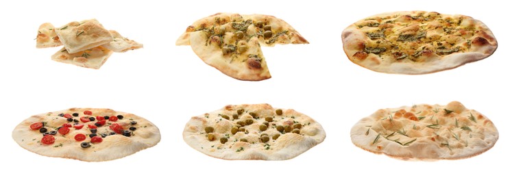 Image of Set with different traditional Italian focaccia on white background. Banner design 