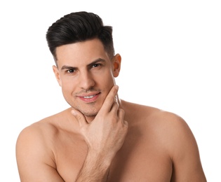 Photo of Handsome man with stubble before shaving on white background