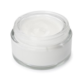 Photo of Face cream in glass jar on white background