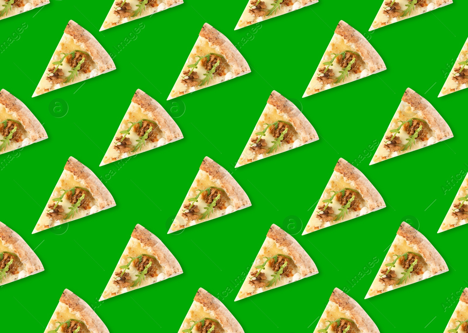 Image of Slices of delicious cheese pizzas on green background, flat lay. Seamless pattern design