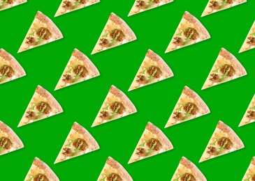 Image of Slices of delicious cheese pizzas on green background, flat lay. Seamless pattern design