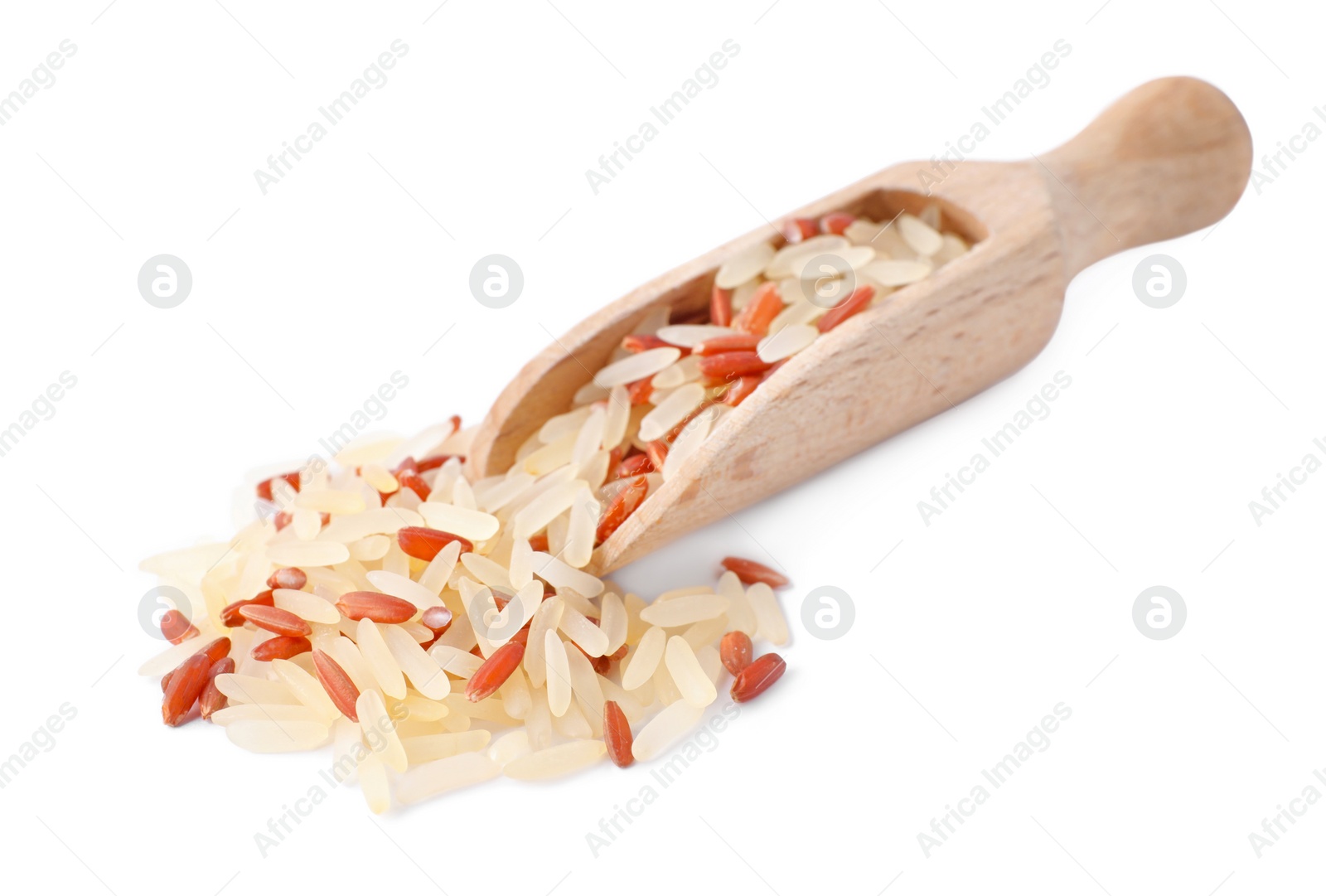 Photo of Mix of brown and polished rice and scoop isolated on white