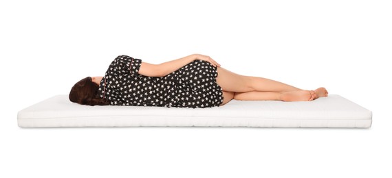 Photo of Woman sleeping on soft mattress against white background, back view