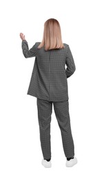 Photo of Businesswoman in suit on white background, back view