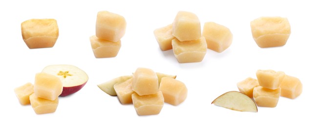 Image of Set with frozen apples puree cubes and ingredients on white background, banner design