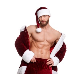 Attractive young man with muscular body in Santa costume on white background