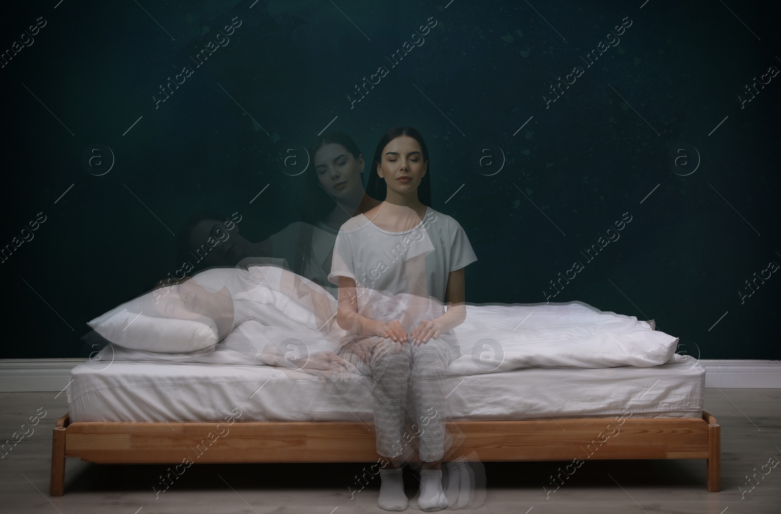 Image of Somnambulist rising from bed dark wall indoors, multiple exposure. Sleepwalking