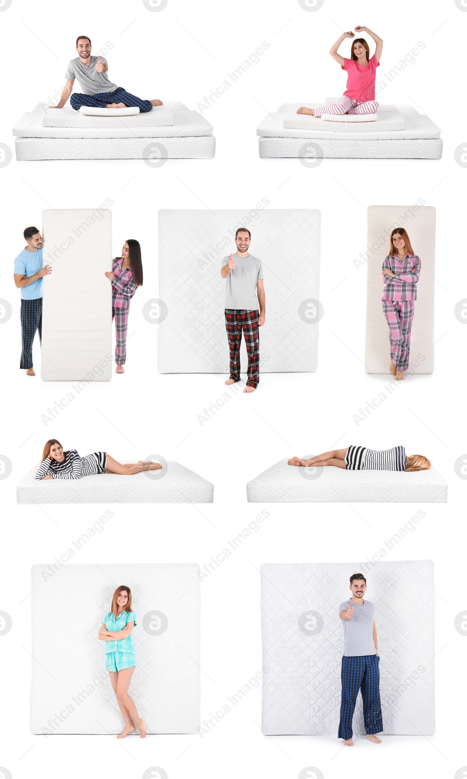 Image of Collage with photos of people and mattresses on white background