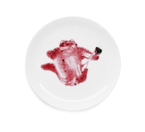 Dirty plate with smeared sauce on white background, top view