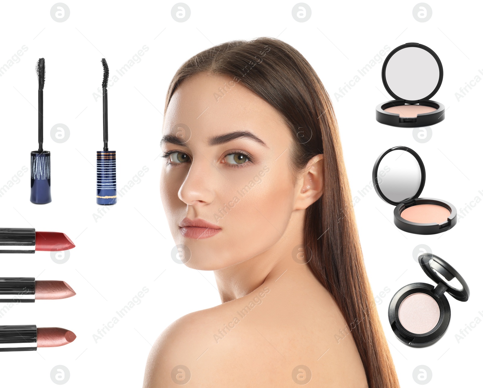 Image of Beautiful woman and professional cosmetic products on white background. Makeup artist