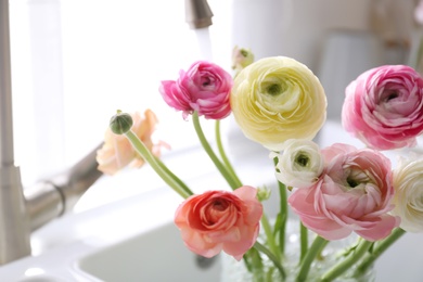 Photo of Beautiful fresh ranunculus flowers in kitchen sink, closeup