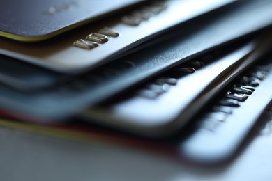 Plastic credit cards on table, macro view