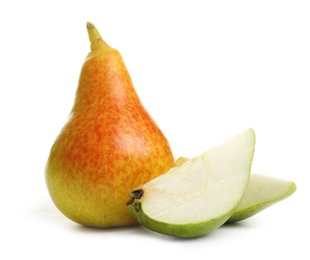 Photo of Whole and sliced pears on white background