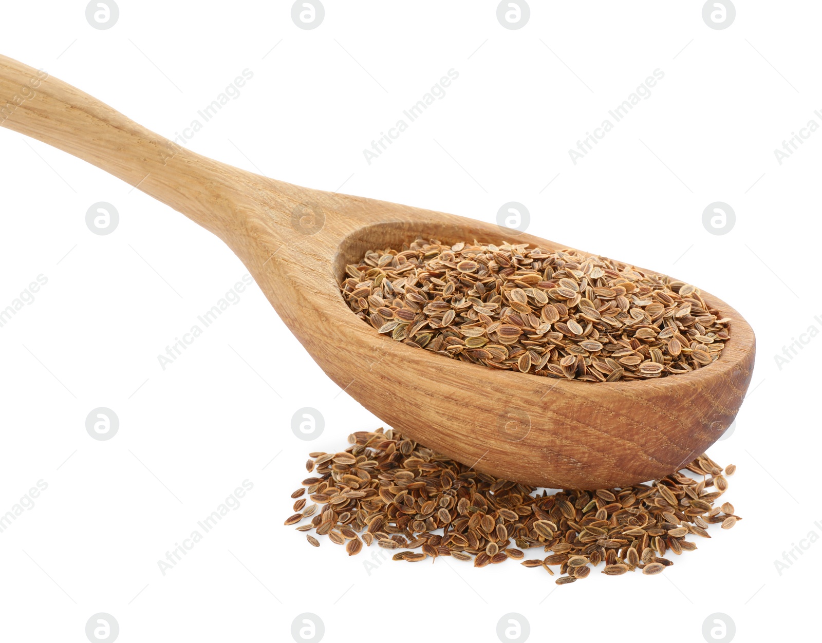 Photo of Spoon of dry dill seeds isolated on white