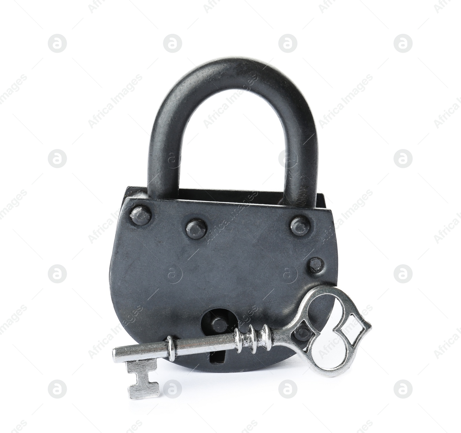 Photo of Key and vintage padlock on white background