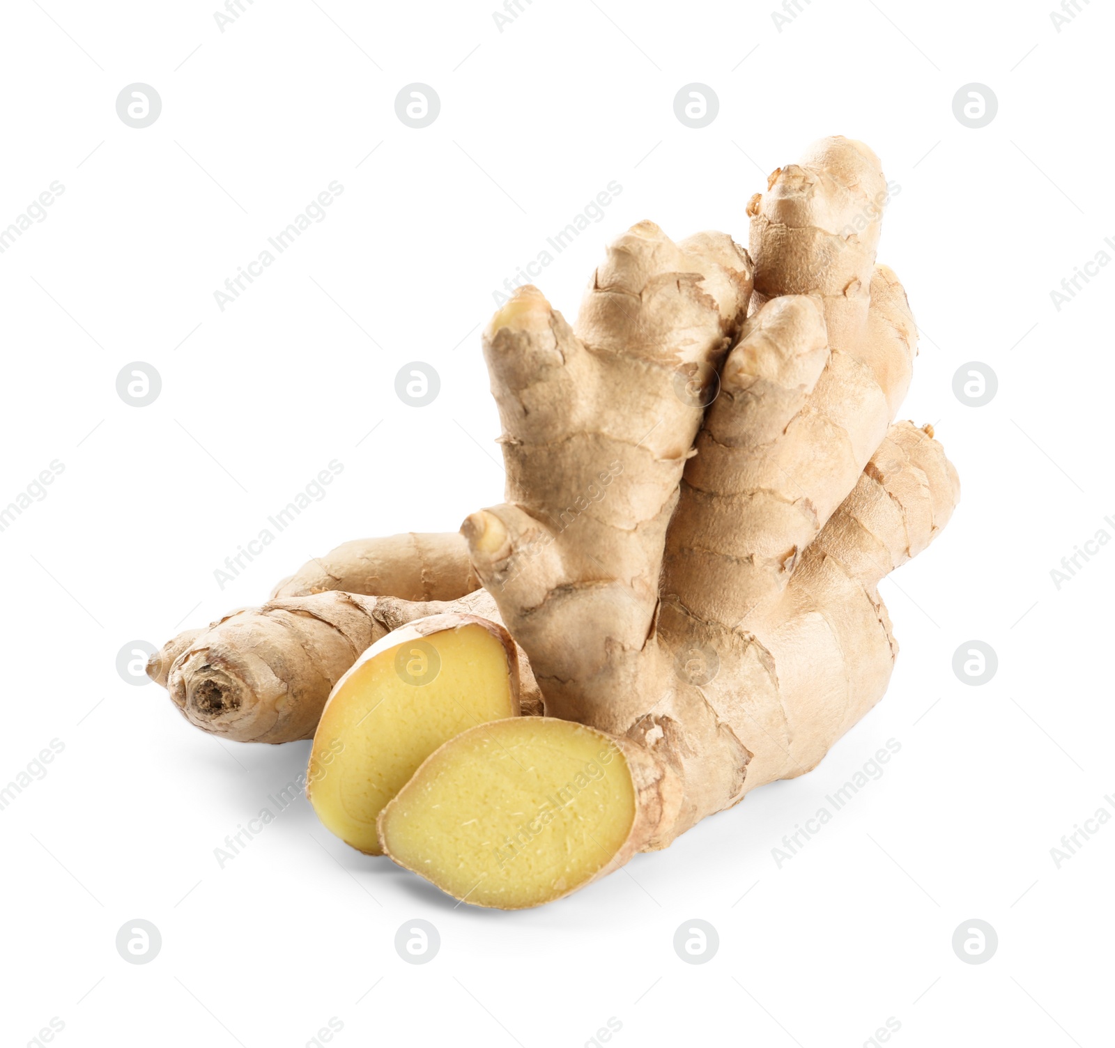 Photo of Whole and cut fresh ginger isolated on white