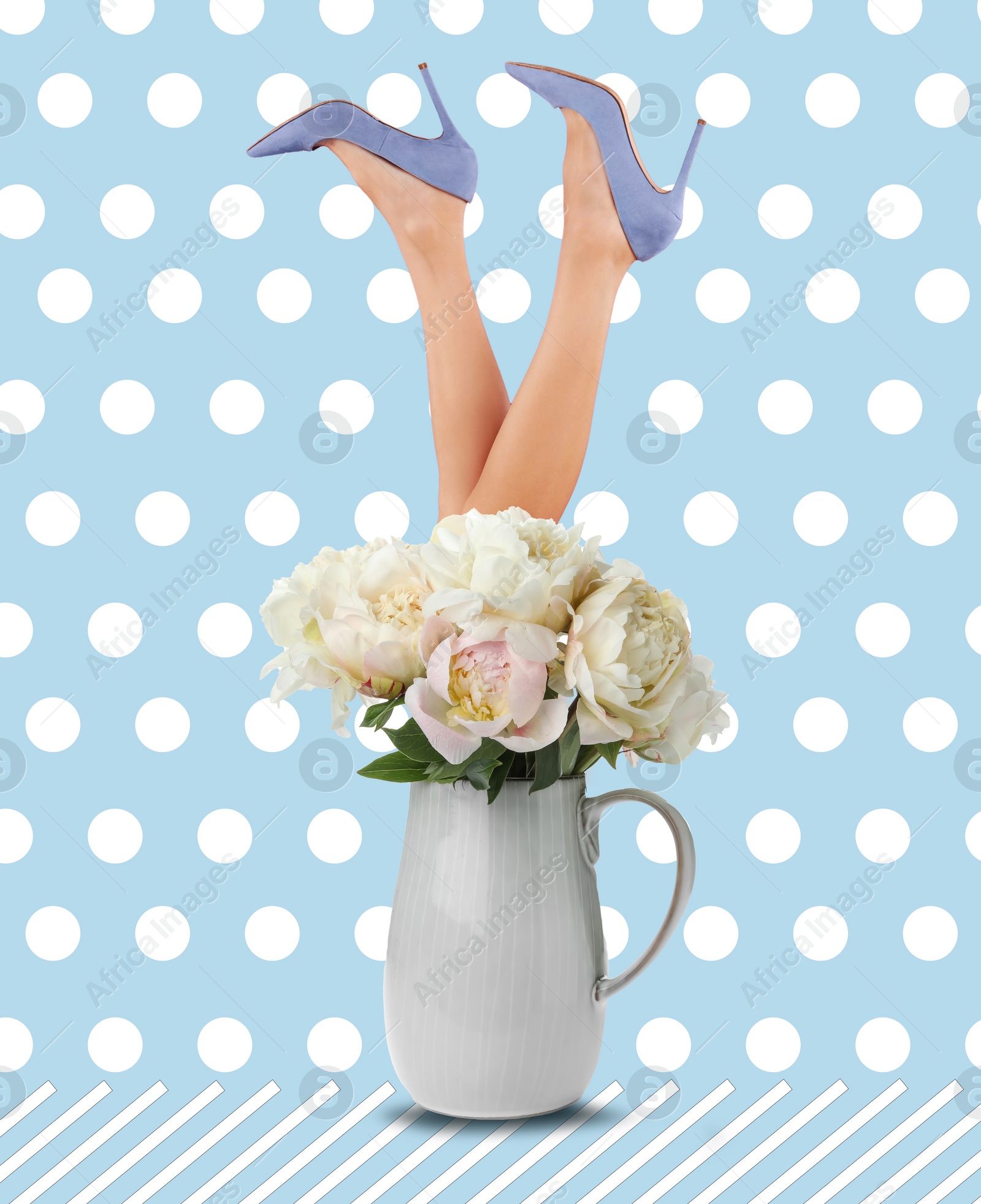 Creative art collage about femininity, style and fashion. Woman sticking out of vase with tender white peonies on pastel blue background Image of Creative art collage about femininity, style and fashion. Woman sticking out of vase with tender white peonies on pastel blue background