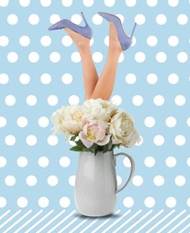 Image of Creative art collage about femininity, style and fashion. Woman sticking out of vase with tender white peonies on pastel blue background