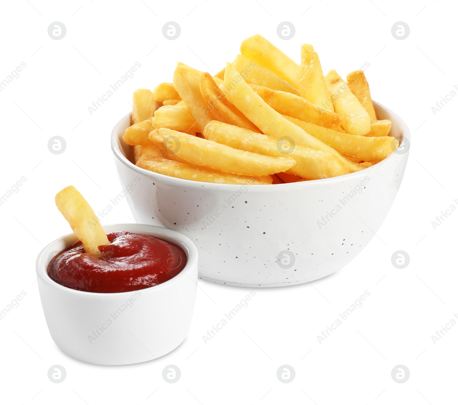 Photo of Bowl with tasty French fries and ketchup on white background