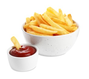 Photo of Bowl with tasty French fries and ketchup on white background