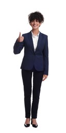 Beautiful businesswoman in suit showing thumbs up on white background