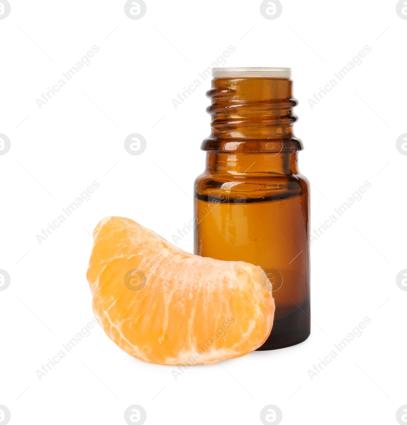 Photo of Aromatic tangerine essential oil in bottle and citrus fruit isolated on white