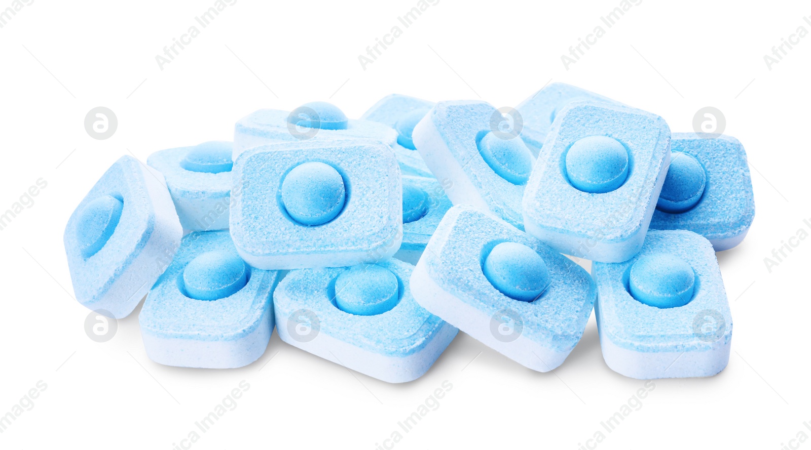 Photo of Pile of water softener tablets isolated on white