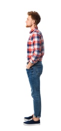 Full length portrait of handsome man posing on white background