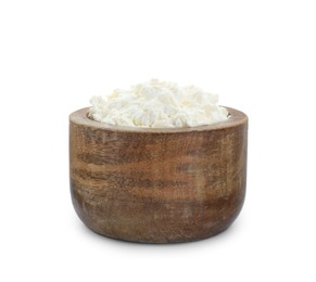 Photo of Delicious tofu cream cheese in wooden bowl isolated on white