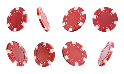 Image of Set with red casino chips on white background