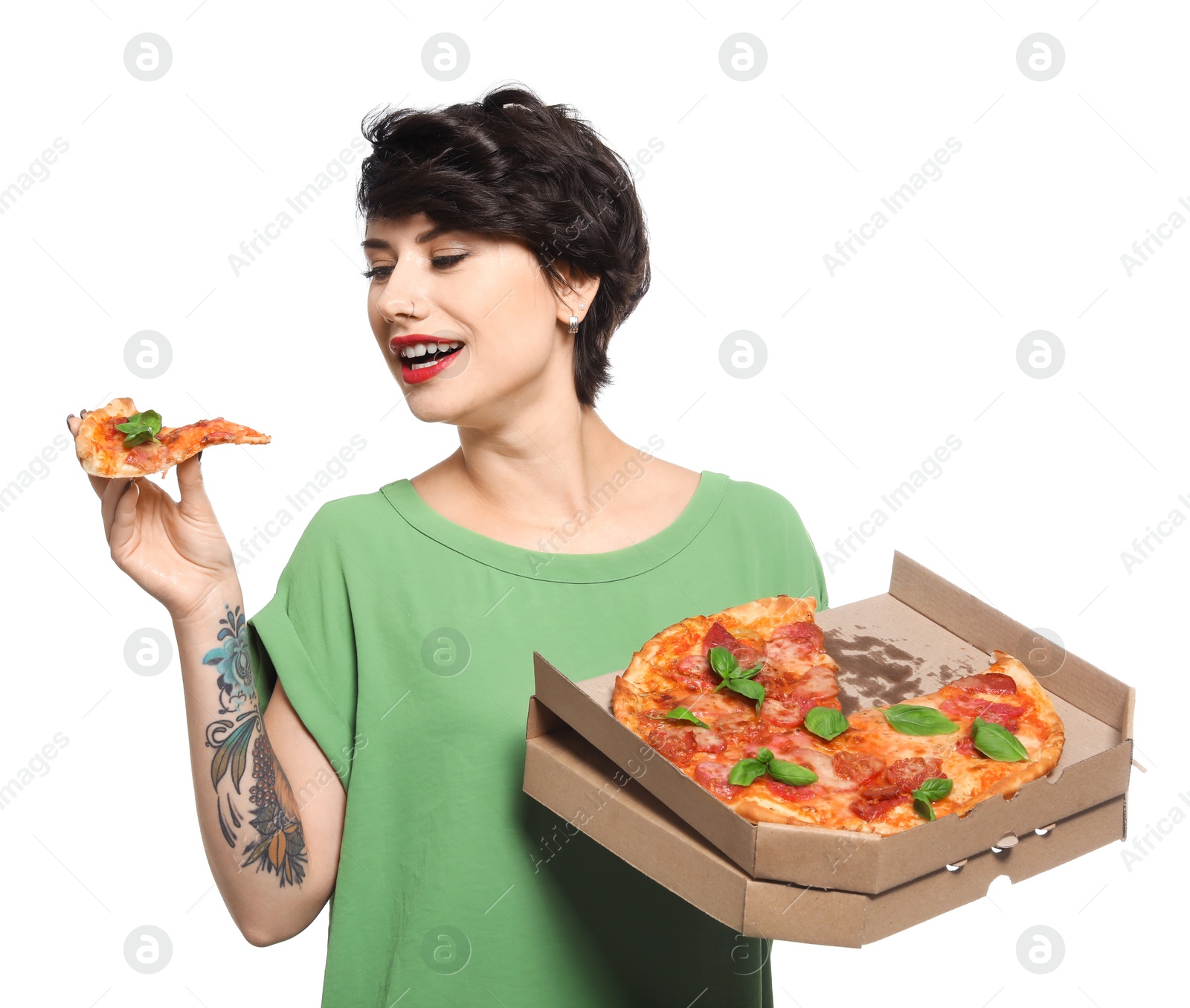 Photo of Attractive young woman with delicious pizza on white background