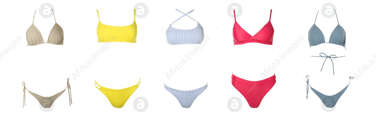 Image of Collection of different stylish bikini on white background. Banner design