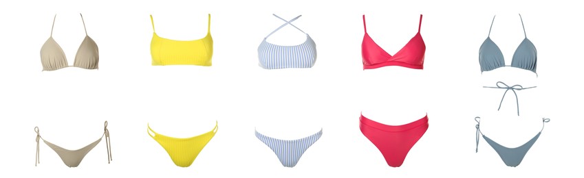 Image of Collection of different stylish bikini on white background. Banner design