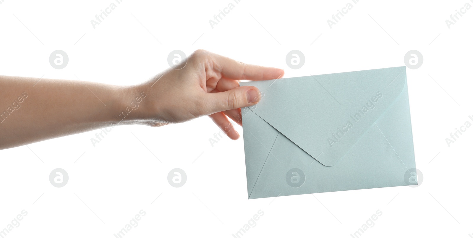 Photo of Woman holding paper envelope on white background, closeup