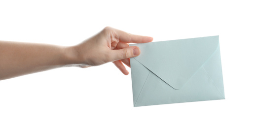 Photo of Woman holding paper envelope on white background, closeup