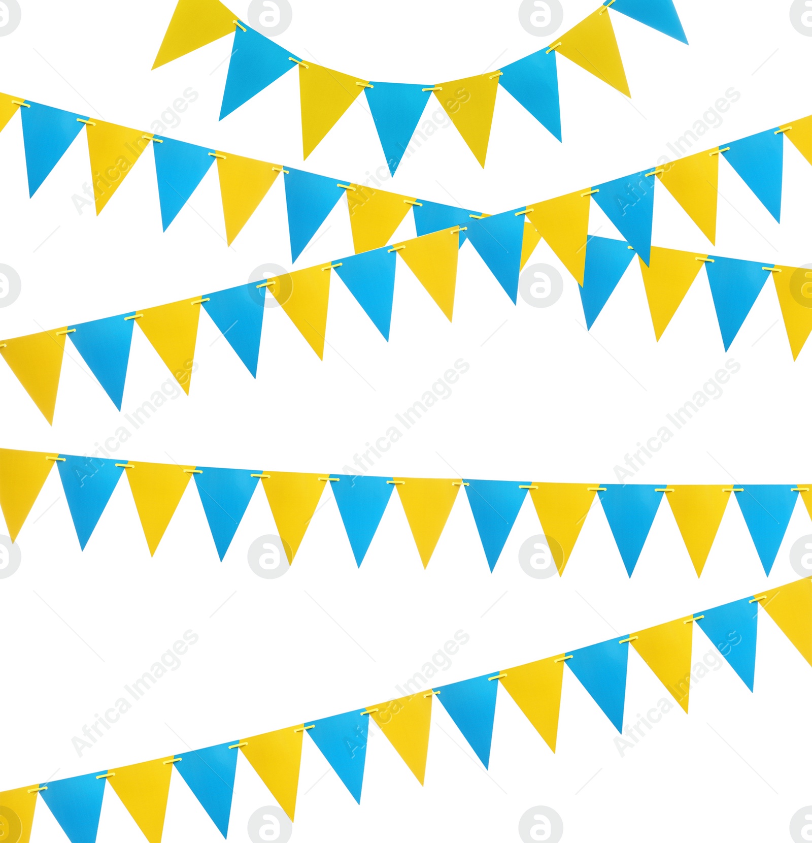 Image of Blue and yellow triangular bunting flags on white background. Festive decor