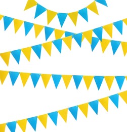 Blue and yellow triangular bunting flags on white background. Festive decor