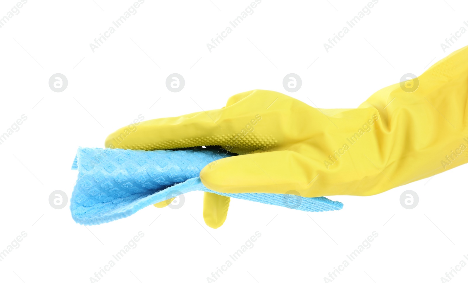 Photo of Person in rubber glove with rag on white background, closeup of hand