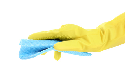 Photo of Person in rubber glove with rag on white background, closeup of hand