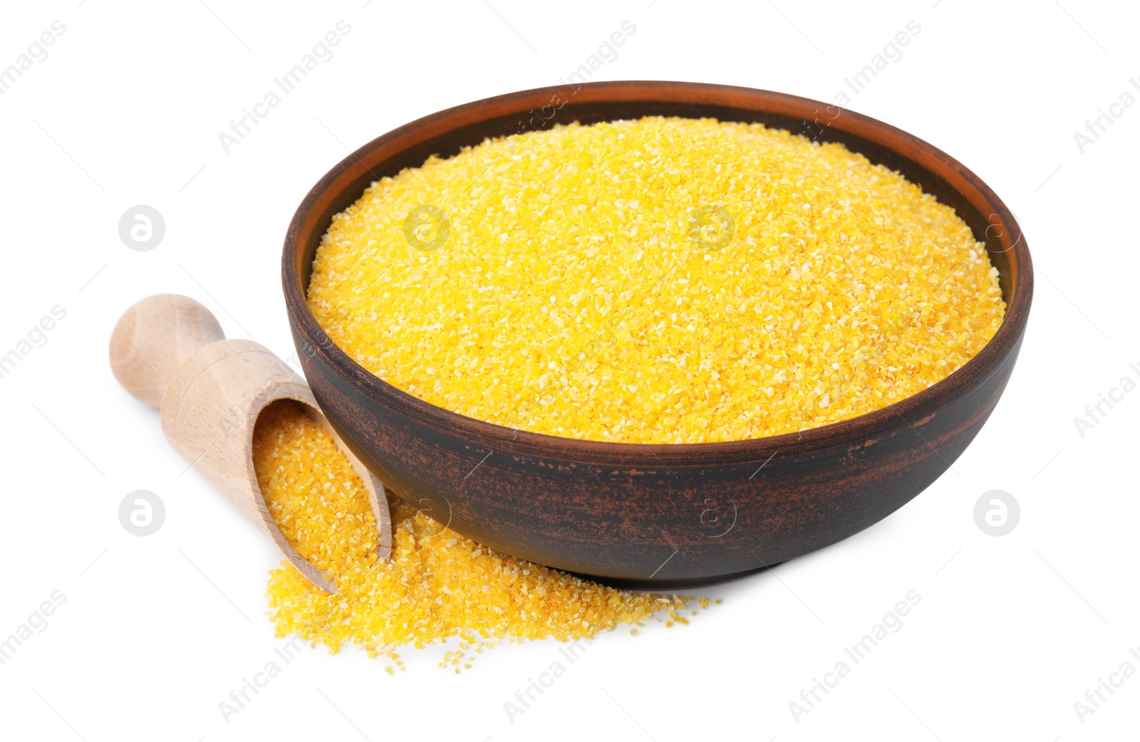 Photo of Raw cornmeal in bowl and scoop isolated on white