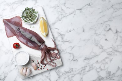 Photo of Fresh raw squid served on white marble table, top view. Space for text