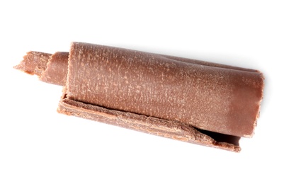 Photo of Curl of tasty chocolate on white background