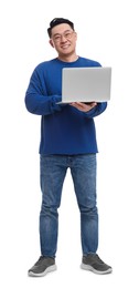 Photo of Happy man with laptop on white background