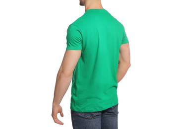 Man wearing green t-shirt on white background, closeup. Mockup for design